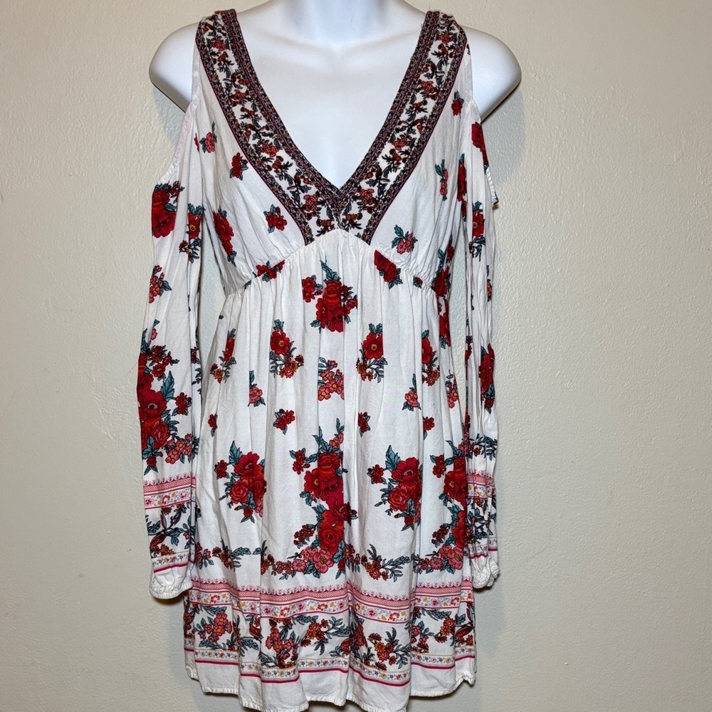 Forever 21 White Cold-Shoulder Dress with Red Rose Print